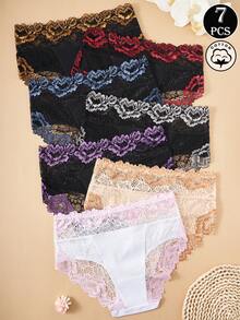 7条装高腰撞色蕾丝纯棉内裤，舒适透气女士内裤 - 彩色 - 查看 3