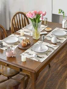 1/4/5/6/7pcs Easter Decoration Set, Rabbit, Easter Bunny, Easter Eggs, Happy Easter, Home Decor Set, Living Room Decor, Bedroom Decor, Dining Room Decor, Faux Linen Material, Multiple Sizes Available, Dining Table Decor, Fireplace Scarf, Placemats, Coasters, Home Accents - Multicolor - View 7