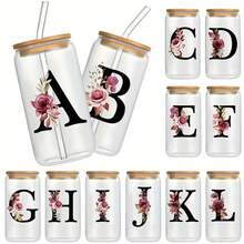 1pc Letter & Flower Pattern Tumbler Cup, 16oz With Straw & Lid, Birthday Gift For Girlfriend, Wife, Mom - Multicolor - View 4