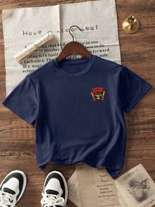 Tween Boys Students Casual Printed Round Neck Short Sleeve T-Shirt, Summer Top - Navy Blue - View 3