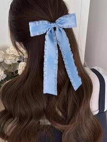 1pc Blue Satin Ruffle Tassel Ribbon Bow Hair Clip, With Long Tail Hair Clip, Metal Duck Bill Hair Clip With Satin Bow Hair Tie, Suitable For Women & Girls - Multicolor - View 2