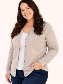 Casaco botões plus size de lanzinha inverno quentinho - Bege - Visão 3