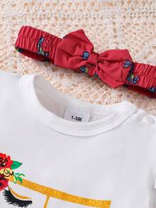 H HIBOBI 3件套女婴春夏玫瑰印花连体衣、裙子和发带套装 - 玫紅色 - 查看 5