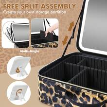 15''X11'' Large Makeup Bag With Removable Lighted Mirror, Professional Travel Make Up Bag With Mirror And Light Cosmetic Train Case Organizer, PU Leather With Adjustable Dividers & Brush Storage Board;Mother's Day Gifts: The Best Choices For Your Wife And Mother - 豹紋 - 查看 7