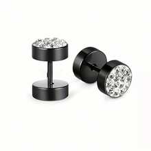 2pcs Fashionable Stainless Steel Inlaid Synthetic Zirconia Round Stud Earrings, Unisex - White - View 2