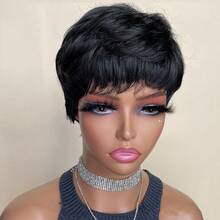 [Pelucas de corte pixie corto] Pelucas de cabello de corte corto natural - Elegantes pelucas de corte pixie corto para mujeres - Peluca de cabello humano mezclado - Natural y Negro - Ver 9