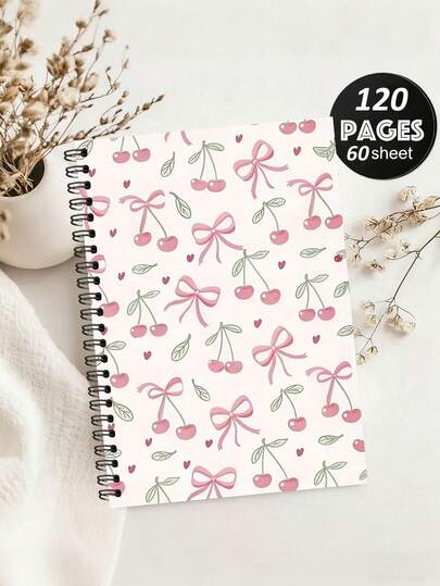 1pc Cute Cherry Bow Notebook, College Student Spiral Notebook, Size 5.5" X 8.3", Suitable For Work And Study, Gift For Friends, Teachers, Coworkers, Notebook, Journal Cover, Spiral Bound Notebook, Durable Cover Material, Back To School Season