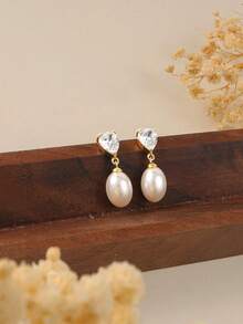 14K镀金CZ珍珠新娘耳环，低过敏镀金耳环，优雅新娘珍珠首饰，女士款 - 水滴珍珠垂墜款 - 查看 5