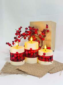 Three Flameless LED Electronic Candles With Remote Control Timer, 3D Warm Light Adjustable Wick, Suitable For Home, Wedding, Holiday, And Party Decorations. - Red Checkered Cloth - View 5