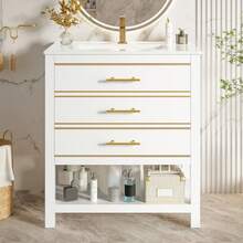 White Vanity Unit With Ceramic Basin – Freestanding Bathroom Unit With 2 Drawers And An Open Compartment, High-Quality Lacquered MDF Panel, Gold Handles, Without Tap Or Drain - White + Gold - View 1