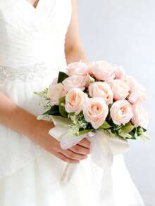 Artificial White Rose Bridal Wedding Bouquet, Lace Bow & Rhinestone Decor, Proposal Gift, Toss Bouquet - Multicolor - View 7