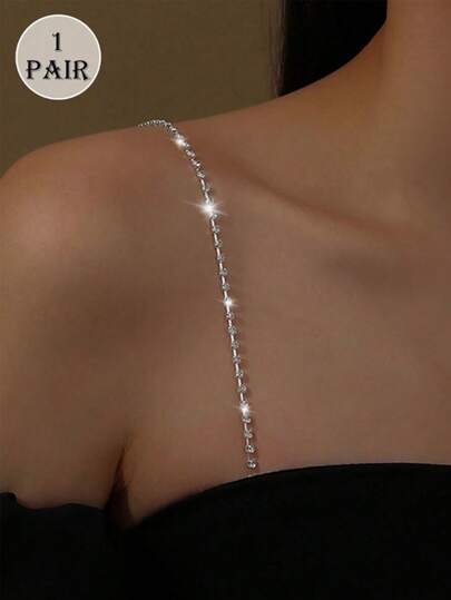 1 Pair Of Women's Sparkling Rhinestone Shoulder Straps, Elegant Copper Body Chain, Hollow Triangle Pendant, Detachable Rhinestone Chain, Sexy Invisible Bra Straps, A Must-Have For Party Girls, Sexy Date/Music Festival Party Girl Outfit, Pure And Alluring Style Camisole Top