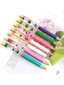 6pcs Dried Flower Ballpoint Pens, DIY Floating Gold Foil Water Oil Pens, Gift & Office Supplies Suitable For Students 14+ Years Old - 6Pcs - View 8