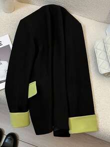 Women's Spring Fashion Black & Green Contrast-Paneled Casual Blazer Coat - Black - View 7