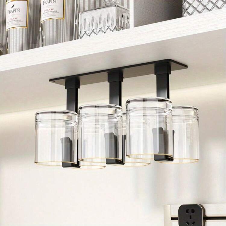 1个壁挂式酒杯架，节省空间的橱柜下杯架，适用于啤酒杯、鸡尾酒杯和高脚杯 | 无需钻孔的晾干储物架 | 防锈不锈钢杆式收纳架，厨房收纳方案 | 现代厨房配件 | 耐用厨具，酒架，高脚杯架，情人节、新年理想礼物 - 彩色 - 查看 2