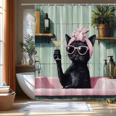 1pc Fun Cat Shower Curtain, Cute Animal Cat Printed Shower Curtain, Perfect For Bathroom Decoration, Universal Room Decoration, Home Decoration Set, Bathroom Accessories Bath Curtain