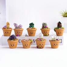1pc Natural Crystal Mini Raw Stone Clay Pot Base Amethyst Quartz Healing Gemstones Potted Plant Style Crafts Feng Shui Home Hecoration Mini Garden Landscape - Red Clay Raw Stone Ore - View 5