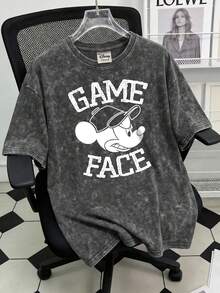 Disney 复古水洗男士圆领短袖T恤，印有米老鼠图案，适合夏季穿着 - 黑色 - 查看 1