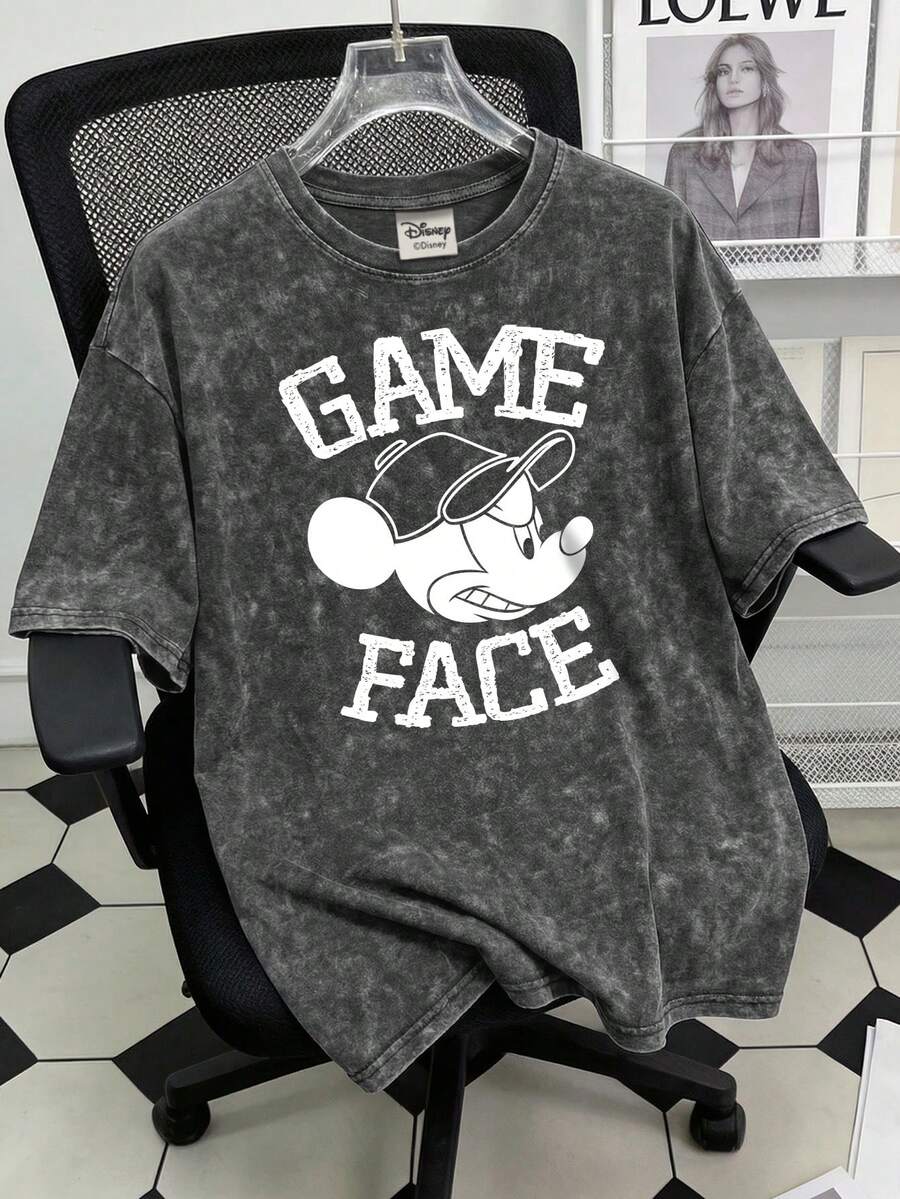 Disney 复古水洗男士圆领短袖T恤，印有米老鼠图案，适合夏季穿着 - 黑色 - 查看 1