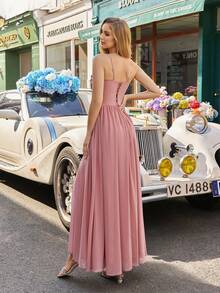 Chiffon Elegant Long Bridesmaid Dress, Spaghetti Straps, Thigh High Slit Zipper Design - Pink - View 3