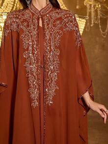 SUPGIR [随机印花] 女士长袖亮片拼接腰带晚礼服 - 橘色 - 查看 6