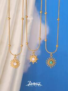 1件装时尚镀金不锈钢天然石太阳吊坠项链，女士派对闺蜜礼物 - 項鍊 - 查看 1