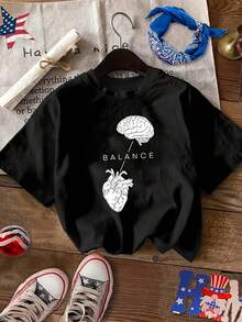 Camiseta Estampada con Patrón de Letras Creativas en Inglés - Negro - Ver 2