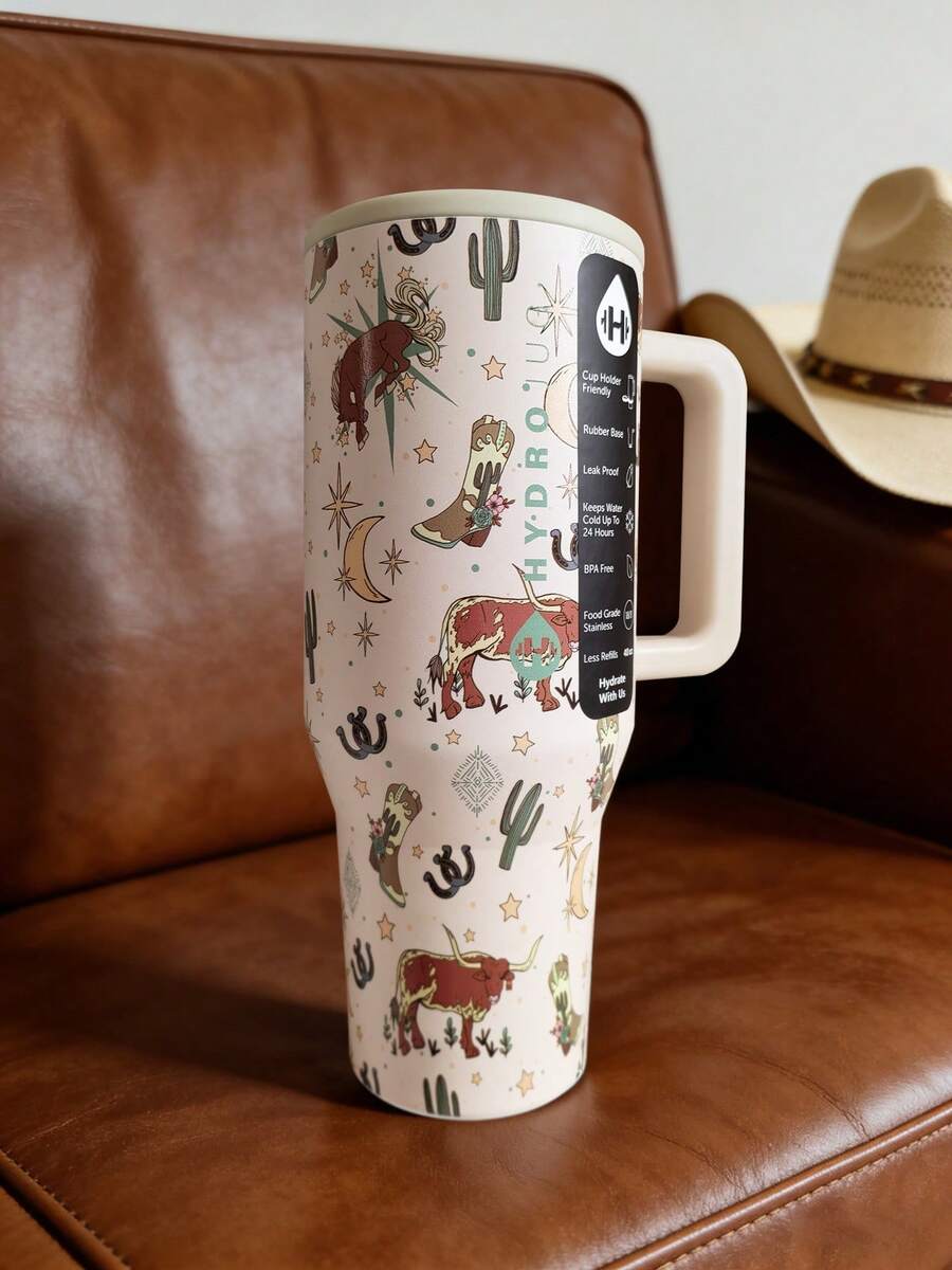 HYDROJUGs Traveler 40oz / 1183ml Rodeo Limited Edition Large Capacity Stainless Steel Water Bottle With Straw. Exquisite Western Cowboy Pattern. Take This Water Bottle And Let's Go And Experience The Charm Of The West Together. With The Straw Down, Equipped With A Flip-Straw Lid For Smooth Sipping. Suitable For Both Hot And Cold Drinks, Coffee, Tea, And Water. Perfect For Students And Office Workers, Sports, Outdoor Activities, Camping, Traveling. Gifts For Lovers, Girlfriends, Boyfriends, Friends, Family Members, Sisters, Brothers, Classmates, Students. Birthday Gift, Festival Gift. - Western Cowboy - View 1