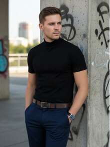 Men's Ribbed Cotton T-Shirt, High Neck, Casual, Sporty, Slim - Black - View 5
