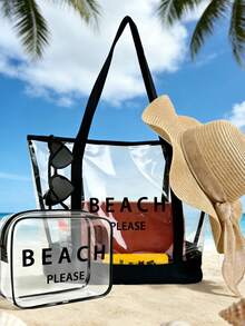 四件套沙滩手提包：印有“Beach Please”字样的透明PVC沙滩包、大容量防水INS风果冻包、春夏镂空遮阳帽、波西米亚风渔夫帽和透气针织宽檐帽。简约大容量单肩包、手提包、便携化妆包、休闲购物袋。 - 彩色 - 查看 2