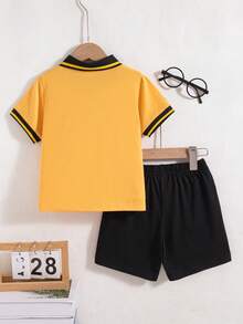 2pcs/Set Toddler Boys' Casual Cartoon Print Decorated Button Design Polo Collar Short Sleeve Top And Shorts Set, Spring/Summer - Yellow - View 3