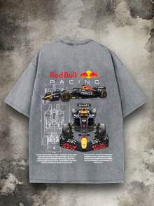 Vintage Washed  Mobil 1 Graphic T-Shirt | Racing Culture Streetwear Tee | Casual Daily Street Outfit  Double-Sided Y2K Style Heavyweight Vintage Distressed Washed 100% Cotton Printed T-Shirt - Crew Neck Short Sleeve, Early Spring Pick, Perfect For Holiday Gifting, Ideal For Daily Leisure & Street Outfits - 灰色 - 查看 2