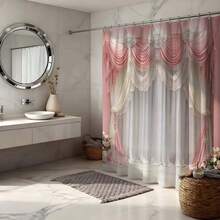 1件装粉白蕾丝荷叶边浴帘，带挂钩，浪漫婚礼浴室浴帘，维多利亚风格花卉浴帘，打造奢华浴室装饰，柔软薄纱蕾丝浴室配件，优雅浴室用品，时尚浴室的奢华之选，高品质浴室浴帘，永恒家居装饰 - 粉紅白 - 查看 7