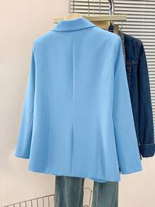 Women's Solid Color Notched Collar Blazer Jacket, Button Front Pocket Design, Long Sleeve Office Wear, Versatile For Business And Casual, Suitable For Autumn, Winter And Spring - Blue - View 5