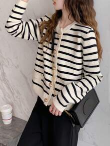 Women's Casual Classic Striped Cardigan, Autumn/Winter - Beige - View 4
