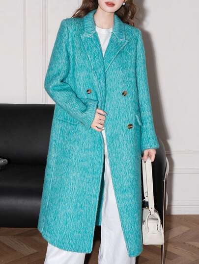 女士优雅长款羊毛混纺大衣，冬季