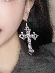 2 件和 2 件宫殿图案金属吊坠耳环，女士节日派对日常服装配饰 - 復古銀色 - 查看 4