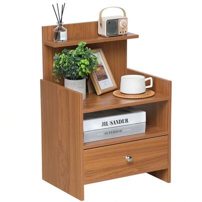 BueDeHai Double Layer Storage Bedside Table With Drawer Open Shelves And Raised Dividers Modern Side Table For Bedroom Living Room Home Decoration