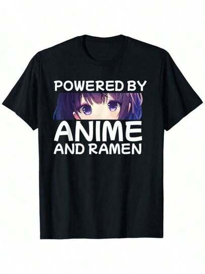 Shirts For Men Fashion Print Casual T-Shirt Powered By Anime And Ramen Japanese Kawaii Style Funny TShirt, Short Sleeve Classic Heavy T Shirt Printed Graphic Tee Women'S Casual ShortSleeved Top,And Must-Have Gifts For The Start Of School Season,Unisex T-Shirt, Suitable For All Seasons,Summer Wear.Men's Casual Print Round Neck Short Sleeve T-Shirt Men Women T-Shirt Print Tee