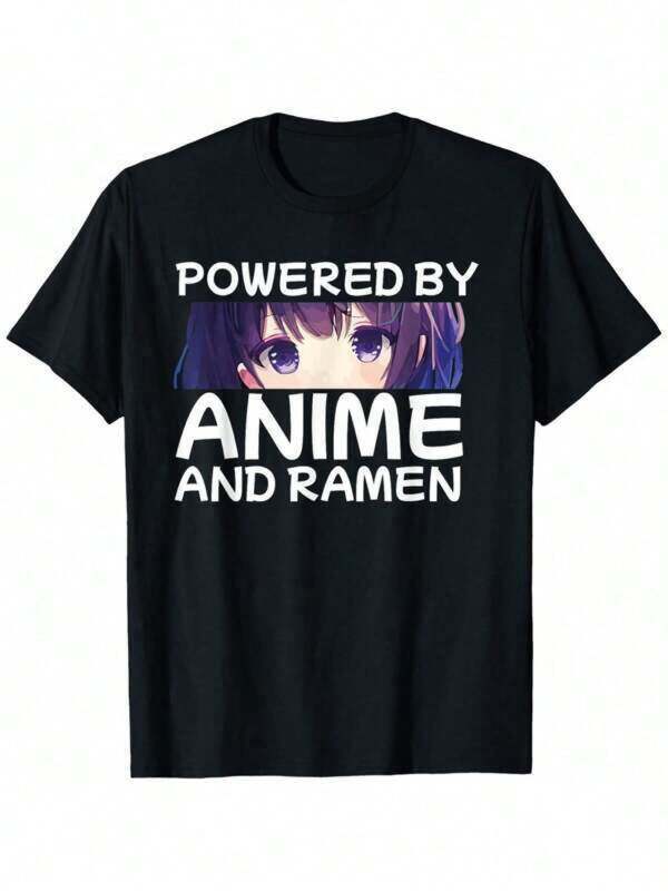 Shirts For Men Fashion Print Casual T-Shirt Powered By Anime And Ramen Japanese Kawaii Style Funny TShirt, Short Sleeve Classic Heavy T Shirt Printed Graphic Tee Women'S Casual ShortSleeved Top,And Must-Have Gifts For The Start Of School Season,Unisex T-Shirt, Suitable For All Seasons,Summer Wear.Men's Casual Print Round Neck Short Sleeve T-Shirt Men Women T-Shirt Print Tee