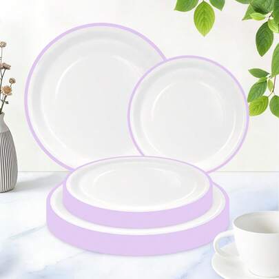 Bộ 20/40/60 đĩa giấy màu tím và trắng dùng một lần, gồm đĩa ăn chính và đĩa tráng miệng, thích hợp cho tiệc Kpop, sinh nhật, đám cưới, sự kiện, lễ hội.