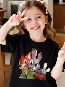 Disney Girls' Black Base Zootopia Short Sleeve T-Shirt, Breathable & Skin-Friendly, Top For Daily Leisure - Black - View 1