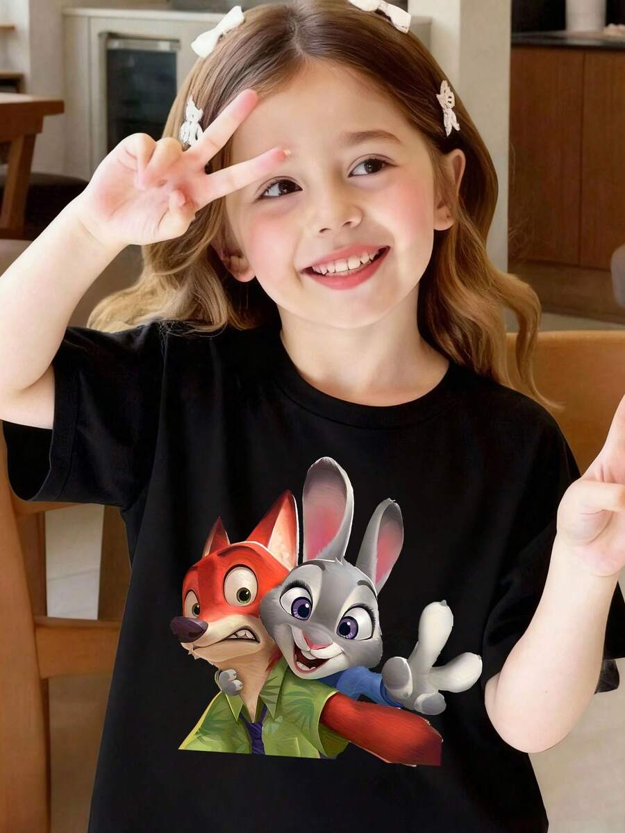 Disney Girls' Black Base Zootopia Short Sleeve T-Shirt, Breathable & Skin-Friendly, Top For Daily Leisure - Black - View 1