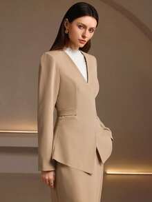 Women's Fashion Long Sleeve V-Neck Tie Front Top, Woven Fabric, Regular Fit, With Pockets - Camel - View 3