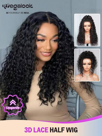 MEGALOOK 一体式3D蕾丝半假发，水波纹，带抽绳，100%真人发丝，多种款式，无需胶水 - 预剪透明蕾丝，自然发际线，预漂白发结，真人发丝，适合女性，新手友好，180%密度 - 无需胶水，自然美观，日常佩戴，适合办公室、僵尸新娘、万圣节、派对、Y2K、反派、度假、户外、角色扮演、校园、学校假期、圣诞节、派对、婚礼、节日等场合。