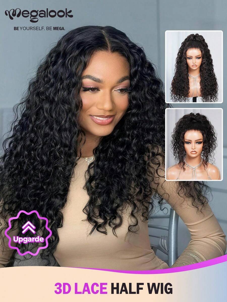 MEGALOOK 一体式3D蕾丝半假发，水波纹，带抽绳，100%真人发丝，多种款式，无需胶水 - 预剪透明蕾丝，自然发际线，预漂白发结，真人发丝，适合女性，新手友好，180%密度 - 无需胶水，自然美观，日常佩戴，适合办公室、僵尸新娘、万圣节、派对、Y2K、反派、度假、户外、角色扮演、校园、学校假期、圣诞节、派对、婚礼、节日等场合。 - SNatural - 查看 1