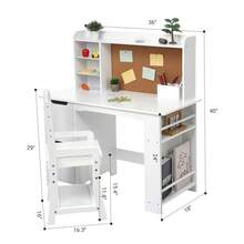 Juego de computadora y Silla para niños y niñas, Mesa de Escritura de Madera para niños con estantería, tablón de anuncios y gabinetes para Edades de 3 a 8 años - Blanco - Ver 4