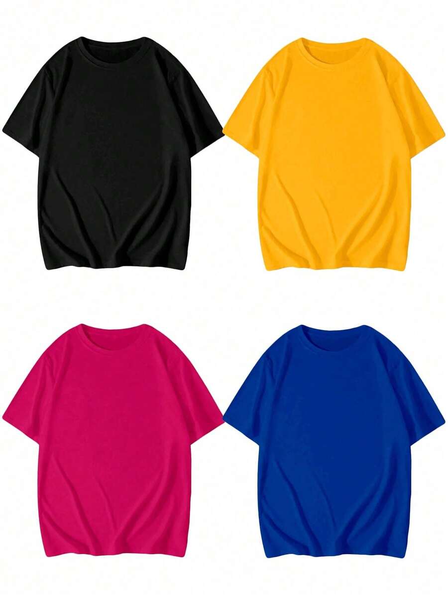 Kit 4 Blusa Camiseta Oversized T Shirt Lisa Casual Unissex Plus Size Confortável Macia Leve - Preto, Mostarda, Rosa Chiclete e Azul Royal - Visão 1