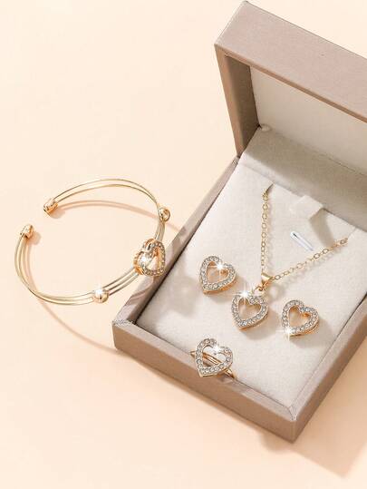 5pcs Heart-Shaped Alloy Diamond Jewelry Set, Including Necklaces, Bracelets, Rings, Earrings, Suitable For Girls To Wear, Simple And Elegant Design, Suitable For Daily Wear Or Gift Giving, Thanksgiving, Back To School, Graduation Season