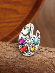 Vintage Distressed Painter's Palette Ring, Colorful Synthetic Gemstone Artistic Style Open Ring - Silver - View 6